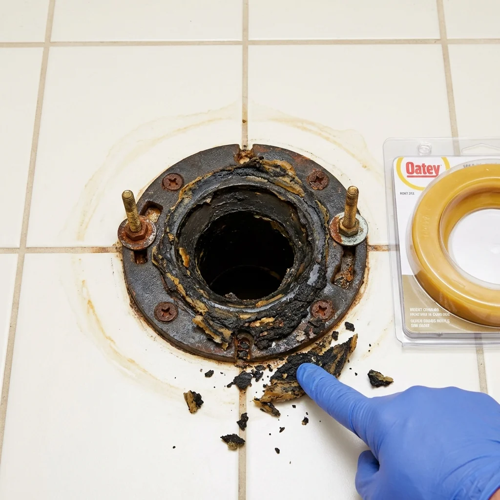 Failed wax ring showing water seepage at the base of a toilet in a Wellsville, OH home