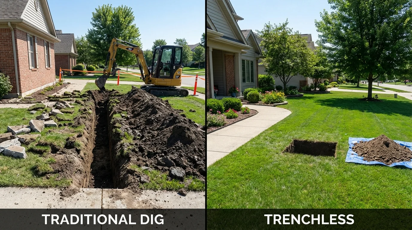 Trenchless sewer repair with minimal yard damage versus traditional excavation in Wellsville, OH