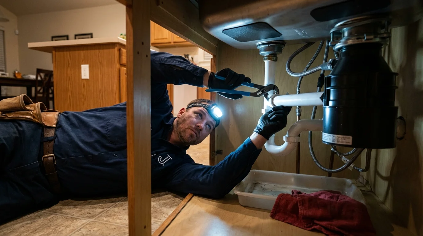 P-trap and supply line connections under a kitchen sink showing a common leak point in Wellsville, OH